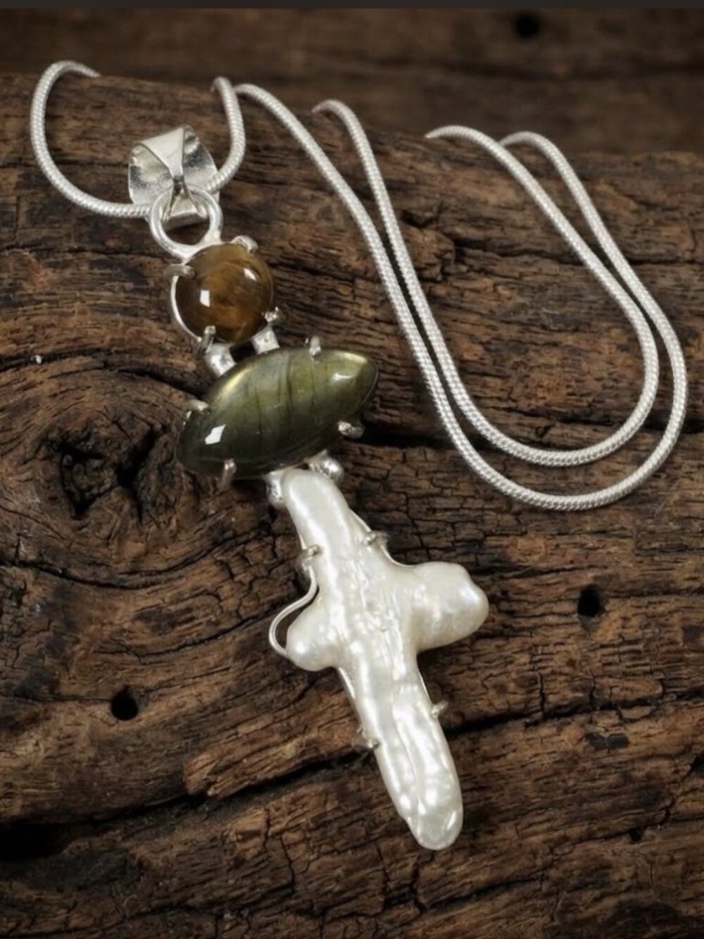 925 Sterling Silver Biwa Pearl Flash Labradorite Gemstone Cross Necklace Jewelry
